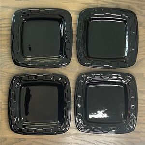 4 Longaberger Basket Woven Traditions Square 8.5” Lunch Plate Set Dishes Ebony